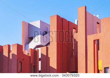Calp, Spain, 01 January, 2020: La Muralla Roja Building, Red Wall Building In Calp, Spain
