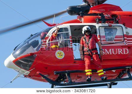 Bucharest/ Romania - Aeronautic Show - September 24, 2019: Smurd Helicopter Pilot Giving Thumbs Up A