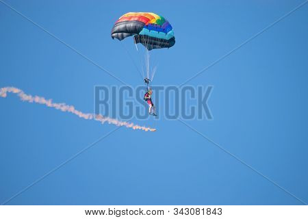 Bucharest/ Romania - Aeronautic Show - September 21, 2019: Skydivers Getting Ready To Land In Water