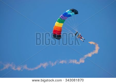 Bucharest/ Romania - Aeronautic Show - September 21, 2019: Skydivers Getting Ready To Land In Water