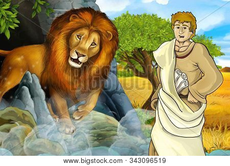 Cartoon Scene With Greek Or Roman Warrior Or Philosopher Fighting Nemean Lion - Illustration For Chi