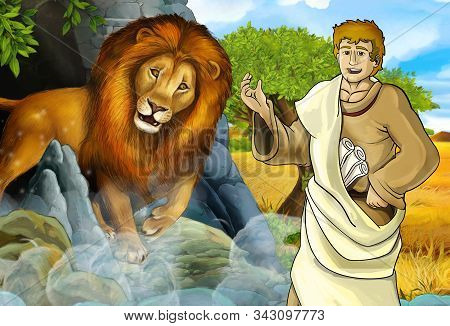Cartoon Scene With Greek Or Roman Warrior Or Philosopher Fighting Nemean Lion - Illustration For Chi