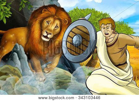 Cartoon Scene With Greek Or Roman Warrior Or Philosopher Fighting Nemean Lion - Illustration For Chi
