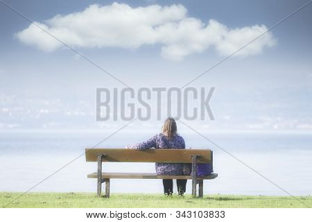 Single Lady Lonely On Park Bench At The Sea During Summer Enjoy Peace And Quiet For Mindfulness Medi