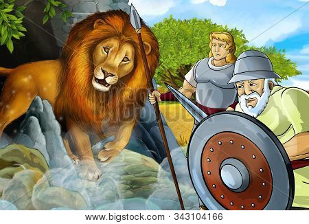 Cartoon Scene With Greek Or Roman Warrior Or Philosopher Fighting Nemean Lion - Illustration For Chi