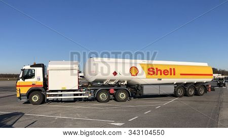 Eindhoven, The Netherlands - December 30, 2019: Shell Aviation Gasoline Truck Against A Clear Blue S