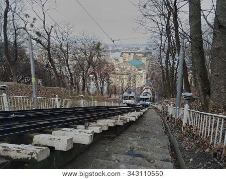 Wagons Of The Kiev Funicular In Motion, View From Above, Railway Tracks Funicular Routes Are Visible