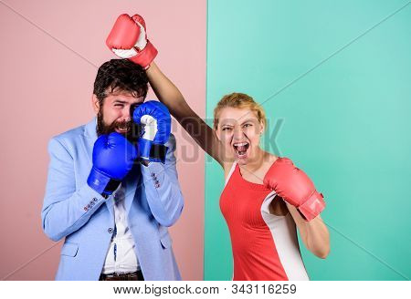 Happy After Fight. Problems In Relationship. Sport. Bearded Man Hipster Fighting With Woman. Strengt