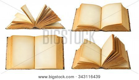 Isolated Books With Copy Space. Collection Of Open Old Books With Blank Pages Isolated On White Back