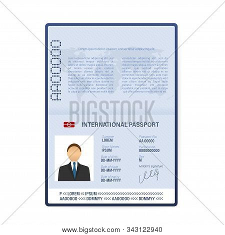 Blank Open Passport Template. International Passport With Sample Personal Data Page. Vector Stock Il