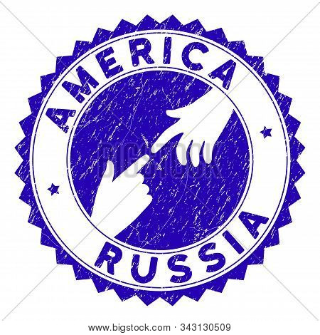 Connecting America Russia Stamp. Blue Vector Round Textured Seal Stamp With Connecting Hands For Ame