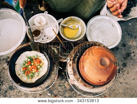 Pizza Street Food In Yangon, Myanmar. Street Food In Yangon Is Arguably Some Of The Best In All Of S