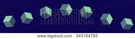 Horizontal Seamless Banner With Flying Abstract Isometric Cubes On Dark Blue Background. Vector Illu