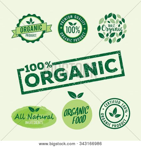 Set Of Stamp Lettering For Organic Product, Natural Ingredients Logo Badge Vector Template Illustrat