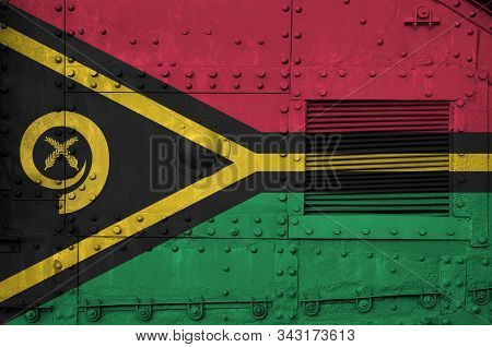 Vanuatu Flag Depicted On Side Part Of Military Armored Tank Closeup. Army Forces Conceptual Backgrou