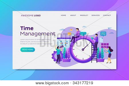 Vector Flat Illustration Of Time And Schedule Management. Organize Working Hours Landing Page Templa