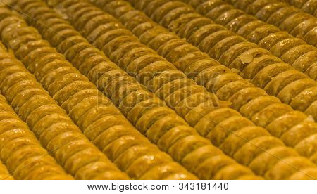 Eastern Sweets In A Wide Range, Baklava, , Cashew And Pistachio Nuts On Plates