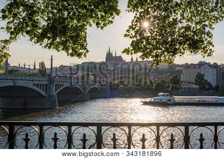 Prague, Czech Republic - May 22, 2018: Prague Cityscape With Historic Prague Castle And Cruise Ship 