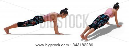 3d Illustration Of Front Three-quarters And Left Profile Poses Of A Woman In Yoga Plank Pose With A 