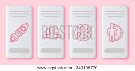 Set Line Rocket Ship With Fire, Users Group, Piece Of Puzzle And Time Management. White Rectangle Bu