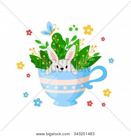 Cartoon Easter Day - Funny Rabbit In Tea Cup With Leaves And Spring Flowers, Floral Bouquet, Kids Ho