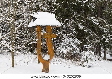 Winter Landscape In Slovakia.  Snowy Forest Near Podbanske Village. High Tatras. Home-made Wooden To