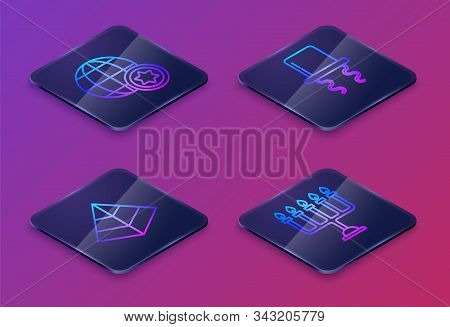 Set Isometric Line World Globe And Israel, Egypt Pyramids, Orthodox Jewish Hat With Sidelocks And Ha