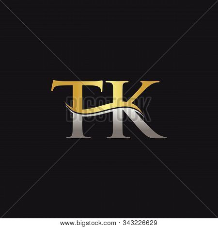 Gold And Silver Letter Tk Logo Design With Black Background. Tk Letter Logo Design