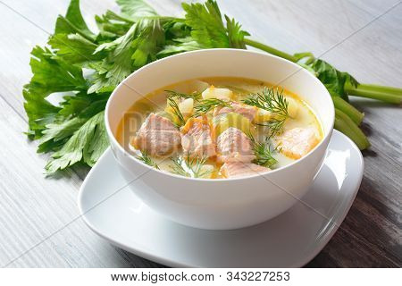 Creamy Fish Soup With Salmon, Potatoes, Onions , Carrots, Dill And Celery . Kalakeitto- Traditional 