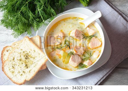 Creamy Fish Soup With Salmon, Potatoes, Onions , Carrots, Dill And Celery . Kalakeitto- Traditional 