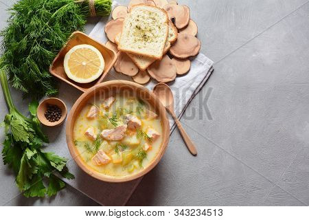 Creamy Fish Soup With Salmon, Potatoes, Onions , Carrots, Dill And Celery . Kalakeitto- Traditional 