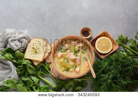 Creamy Fish Soup With Salmon, Potatoes, Onions , Carrots, Dill And Celery . Kalakeitto- Traditional 