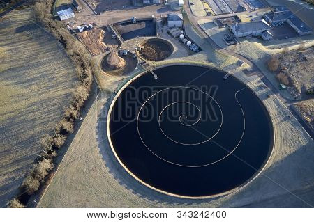 Sewage Water Works Treatment Plant Aerial View From Above Showing Waste Quality Round Circular Contr