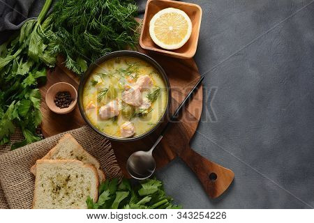 Creamy Fish Soup With Salmon, Potatoes, Onions , Carrots, Dill And Celery . Kalakeitto- Traditional 