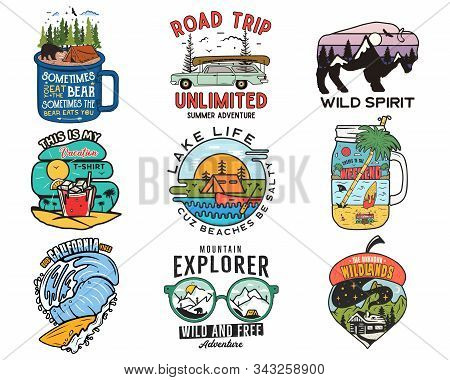 Vintage Travel Logos, Vacation Patches Set. Hand Drawn Camping Labels Designs. Mountain Expedition, 