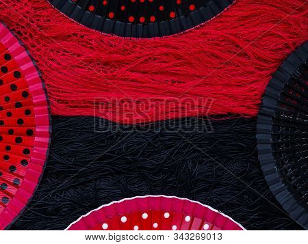 Fans For Spanish Flamenco Dance Lie On A Spanish Shawl. Copy Space