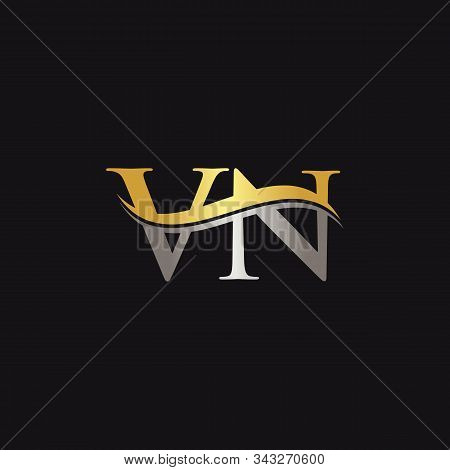 Initial Vn Letter Linked Logo. Creative Letter Vn Logo Vector With Golden And Silver Color. Vn Logo 
