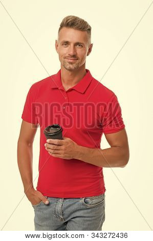 Enjoying His Cappuccino. Drink It On The Go. Man Prefer Coffee Take Away. Mature Man Hold Paper Coff