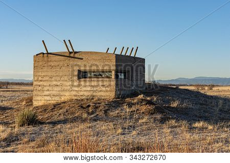 Denver, Colorado / Usa - Nov. 17, 2019 An Abandoned Chemical Test Bunker Slowly Decays At The Reclai