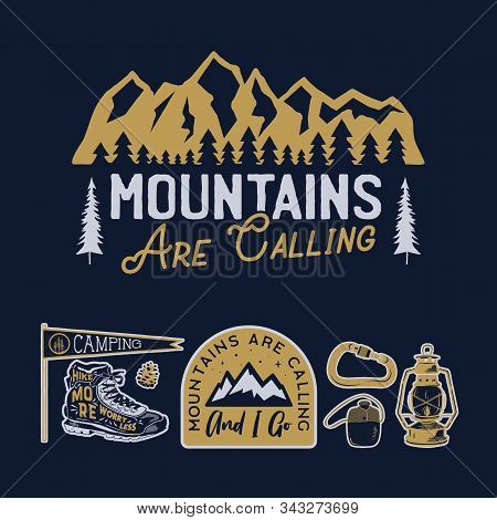Vintage Camp Logos, Mountain Badges Set. Hand Drawn Labels Designs. Travel Expedition, Wanderlust An