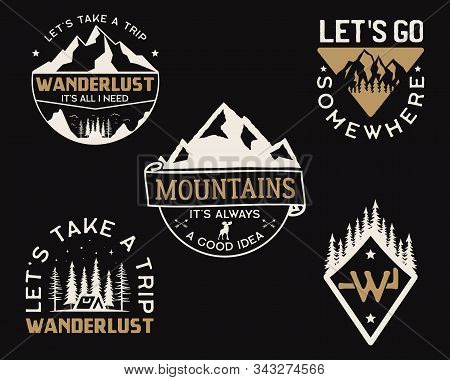 Vintage Mountain Camp Logos, Adventure Badges Set. Hand Drawn Labels Designs. Travel Expedition Insi
