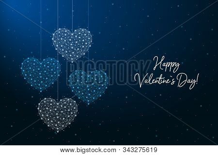 Happy Valentines Day Illustration Made By Points And Lines, Polygonal Wireframe Mesh On Night Sky, D