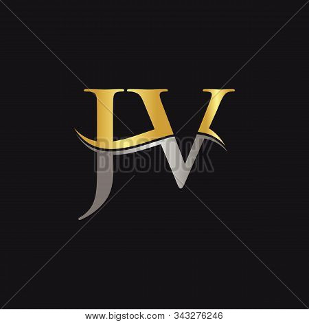 Initial Gold And Silver Letter Jv Logo Design With Black Background. Abstract Letter Jv Logo Design