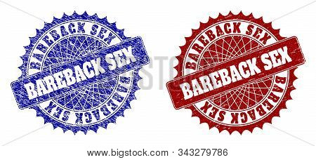Rounded Bareback Sex Seal Stamps. Blue And Red Distress Seal Stamps With Bareback Sex Text Inside Ro