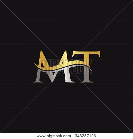 Initial Gold And Silver Letter Mt Logo Design With Black Background. Abstract Letter Mt Logo Design