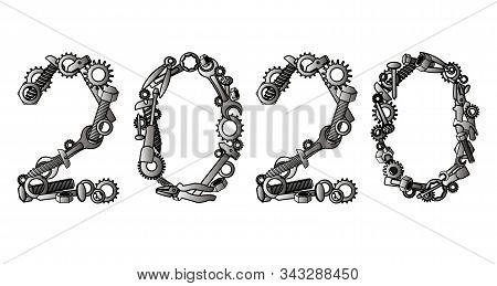 2020 Hand Tools Number. Happy New Year Vector Number From Hardware Tools. Numbers Written With Nuts,
