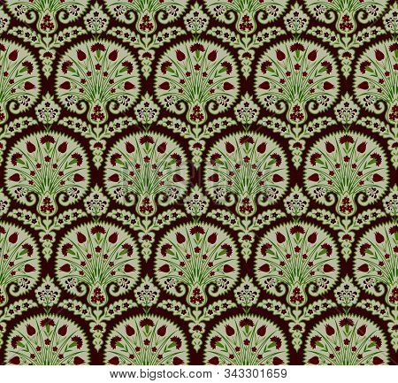 Floral Seamless Fabric Pattern. Flourish Tiled Oriental Ethnic Background. Arabic Ornament With Fant