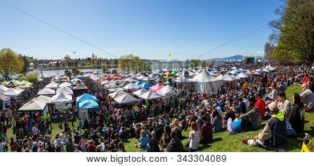 Downtown Vancouver, British Columbia, Canada - April 20, 2019: Crowd Of People Are Gathered To Celeb