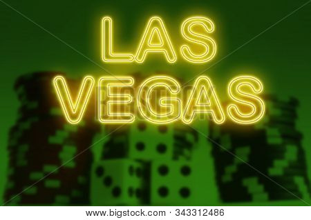 Neon Style Las Vagas Sign With Dice And Poker Chips Casino Background
