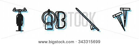 Set Line Surfboard, Bicycle, Diving Mask And Aqualung And Pegs For Tents Icon. Vector